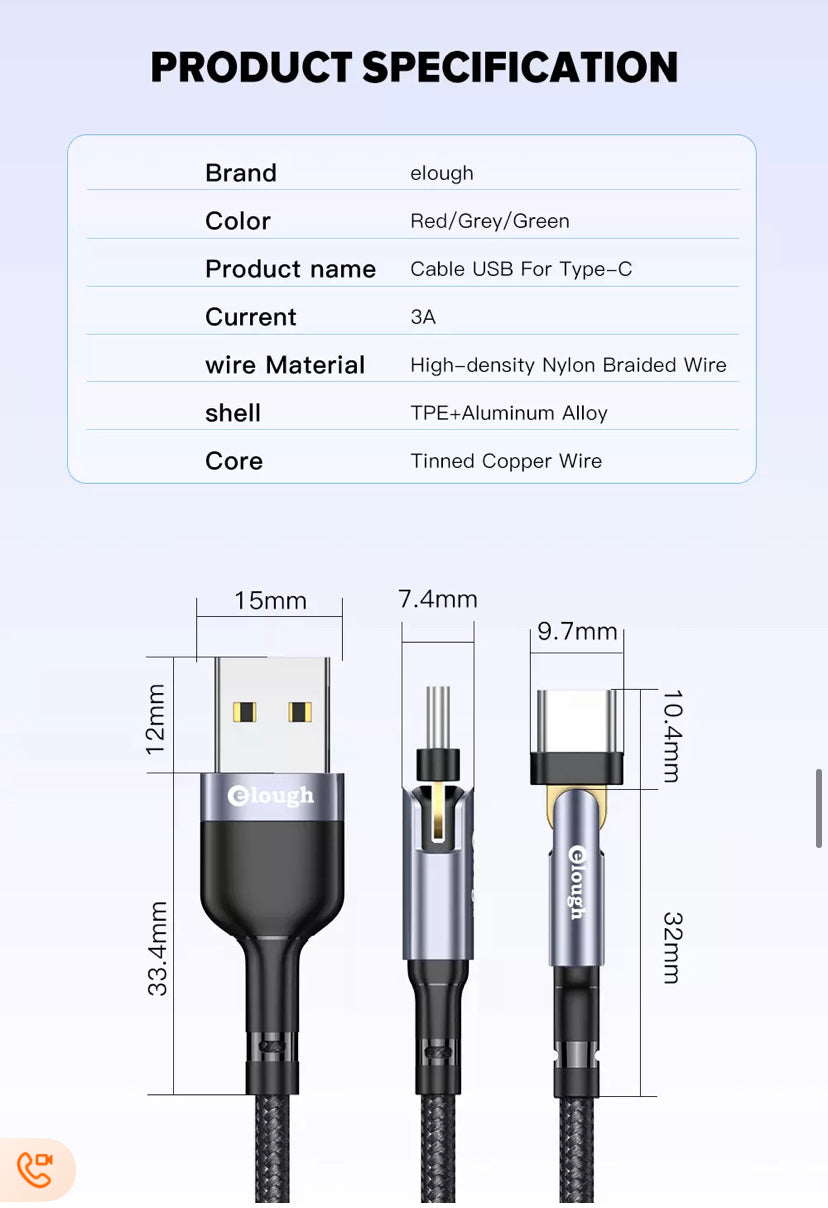 USB to Type C Charger 180° 3A Fast Charging Data Cable B-SPIN PTY LTD