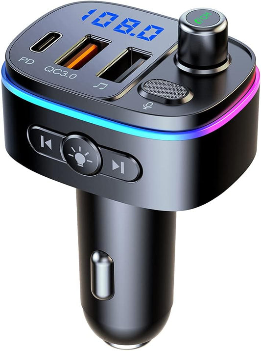 Bluetooth 5.0 FM Transmitter for Car, 3 USB Ports Fast Charger with QC3.0 18W and PD 18W USB C Car Charger