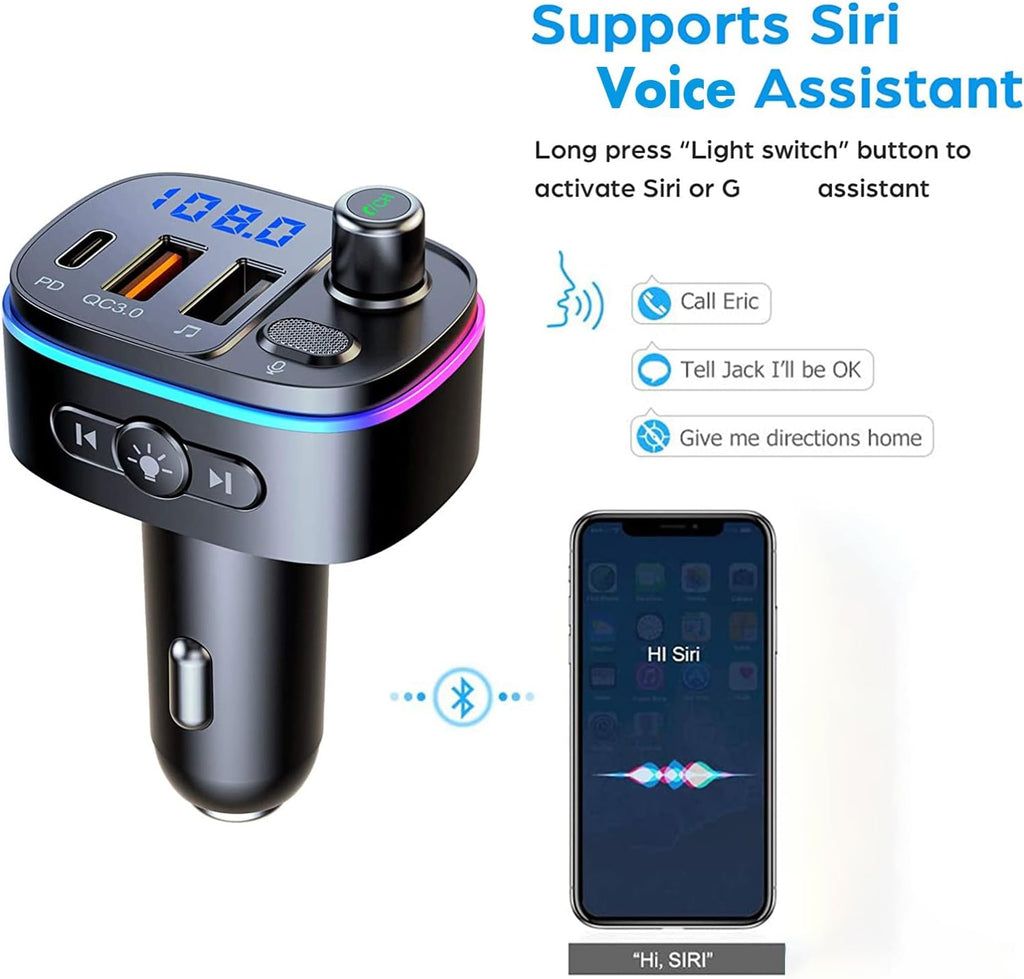 Bluetooth 5.0 FM Transmitter for Car, 3 USB Ports Fast Charger with QC3.0 18W and PD 18W USB C Car Charger