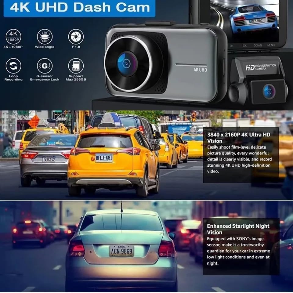 Dual Dash Cam 4K 2160 P Ultra HD Car DVR Front and Rear Camera with Built-in WiFi & GPS (170 Degree Wide)