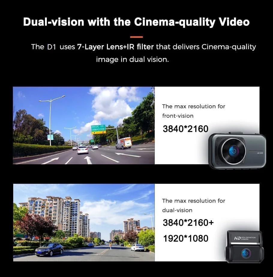 Dual Dash Cam 4K 2160 P Ultra HD Car DVR Front and Rear Camera with Built-in WiFi & GPS (170 Degree Wide)