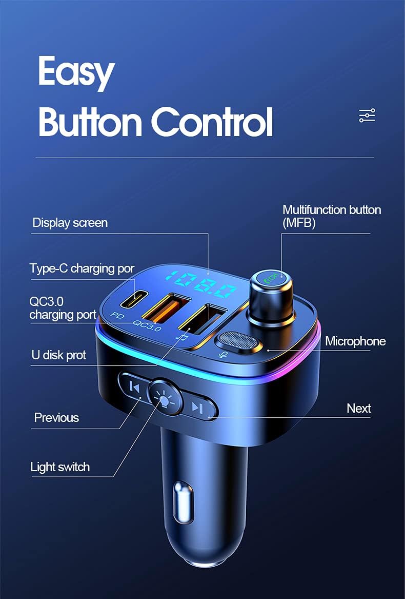 Bluetooth 5.0 FM Transmitter for Car, 3 USB Ports Fast Charger with QC3.0 18W and PD 18W USB C Car Charger