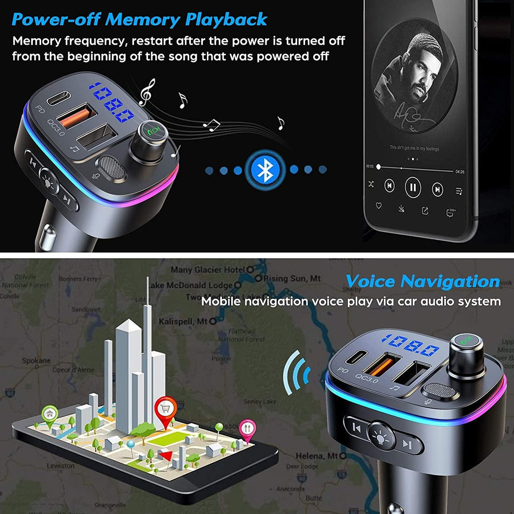 Bluetooth 5.0 FM Transmitter for Car, 3 USB Ports Fast Charger with QC3.0 18W and PD 18W USB C Car Charger