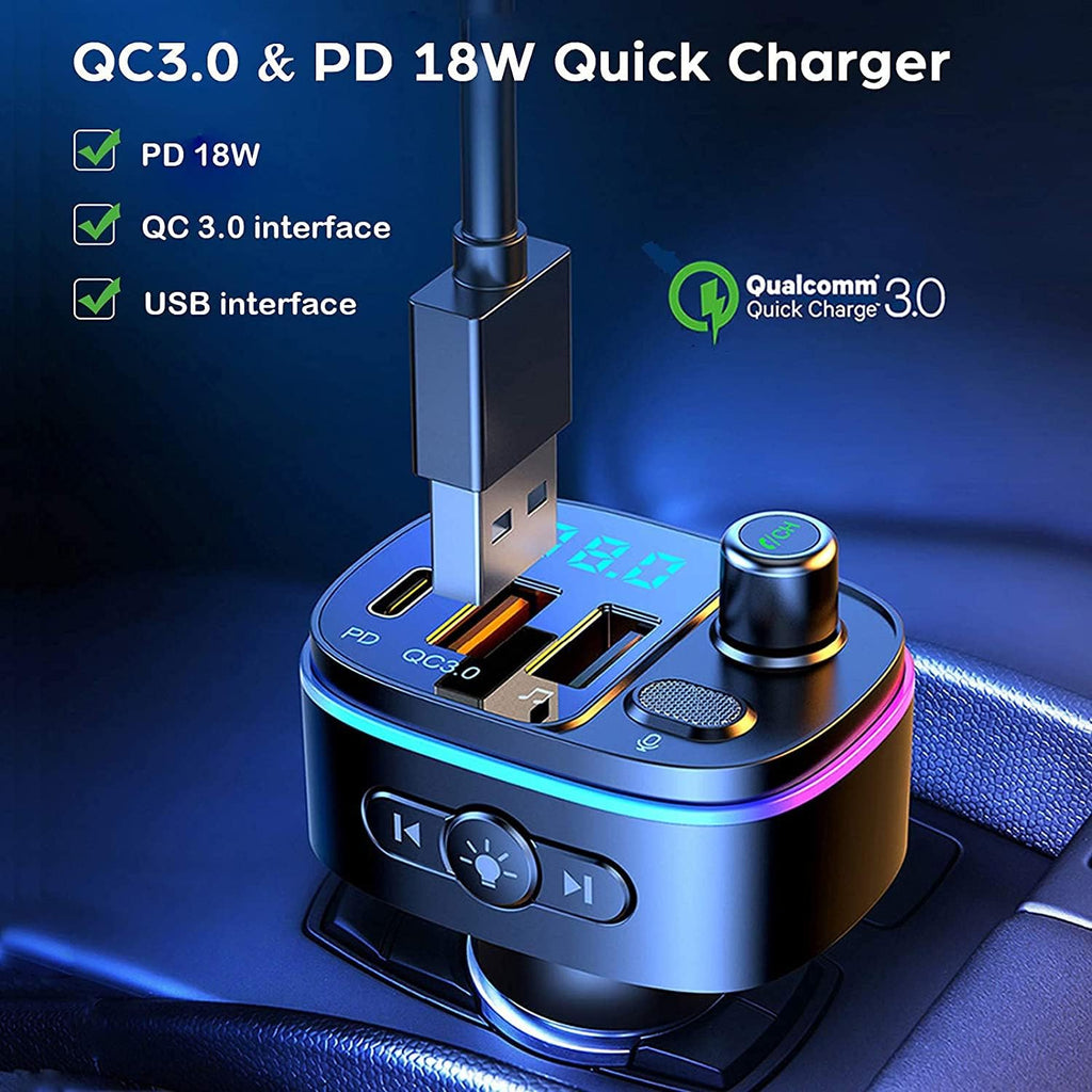 Bluetooth 5.0 FM Transmitter for Car, 3 USB Ports Fast Charger with QC3.0 18W and PD 18W USB C Car Charger