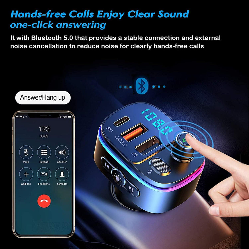 Bluetooth 5.0 FM Transmitter for Car, 3 USB Ports Fast Charger with QC3.0 18W and PD 18W USB C Car Charger