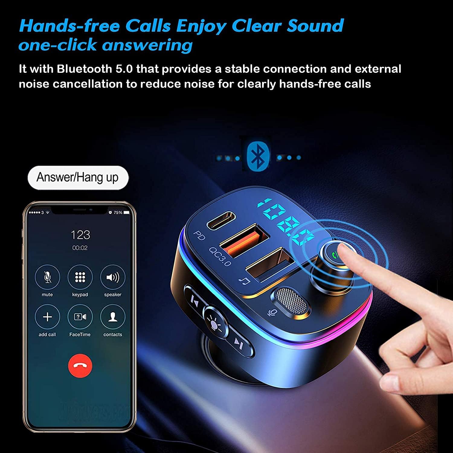 Bluetooth 5.0 FM Transmitter for Car, 3 USB Ports Fast Charger with QC3.0 18W and PD 18W USB C Car Charger