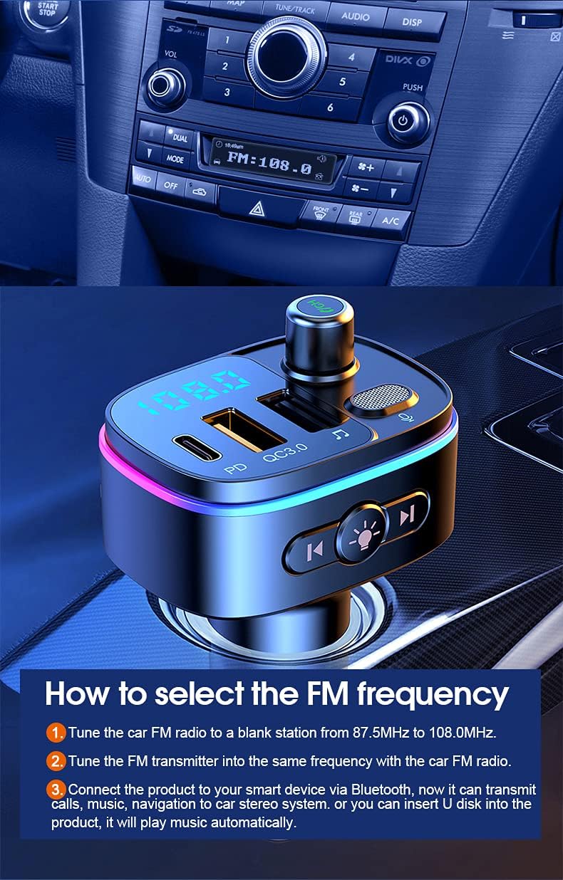 Bluetooth 5.0 FM Transmitter for Car, 3 USB Ports Fast Charger with QC3.0 18W and PD 18W USB C Car Charger