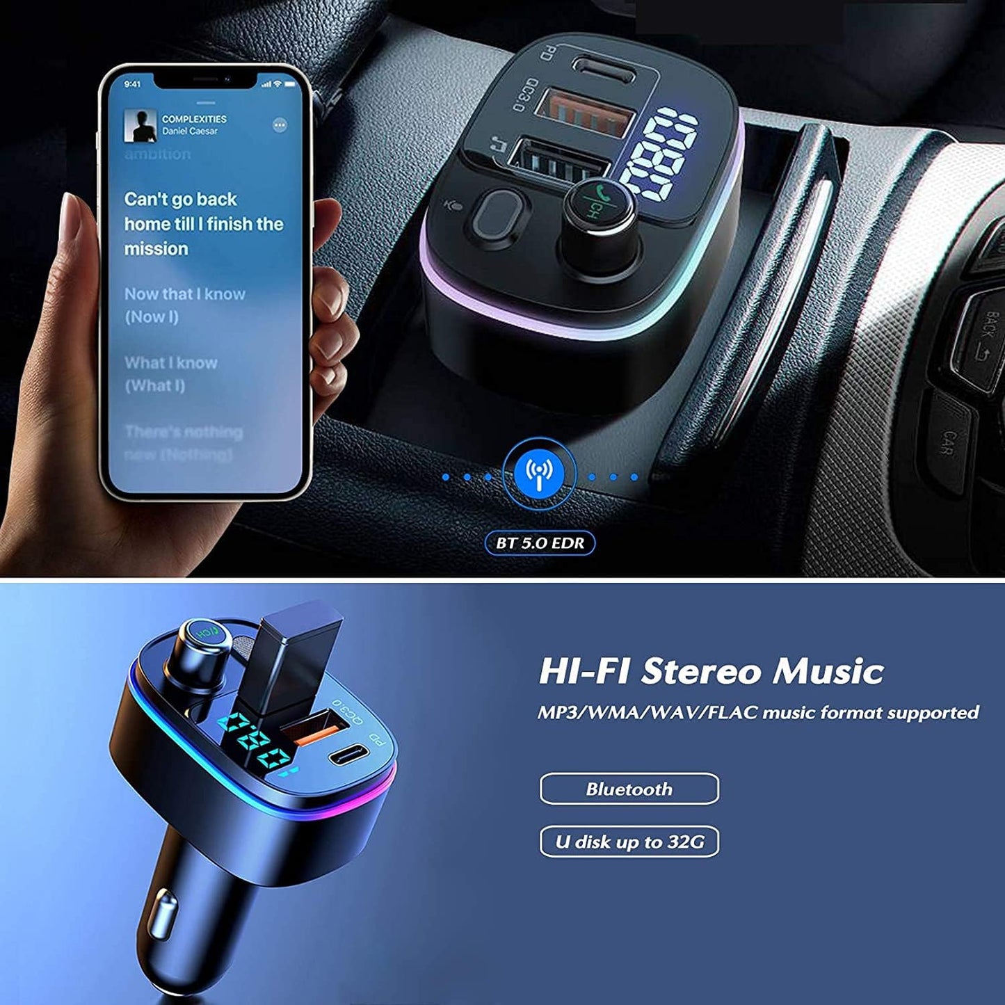 Bluetooth 5.0 FM Transmitter for Car, 3 USB Ports Fast Charger with QC3.0 18W and PD 18W USB C Car Charger