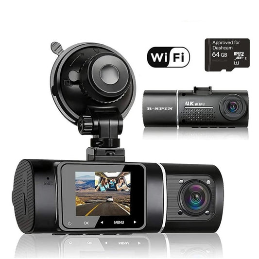 Dual Dash Cam FHD 4K 1080P WiFi Front and Inside Recorder  Uber 170 Wide with 64 GB High Speed SD Card Free