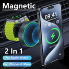 2 in 1 Magnetic 15W Wireless Car Charger For MagSafe for Apple Watch 11 10 9 iPhone 17 16 15 14 13