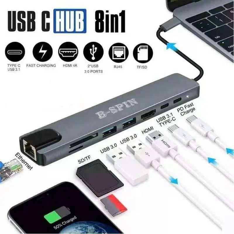 8 in 1 USB-C HUB Type-C USB 4K HDMI RJ45 Ethernet Micro SD TF OTG