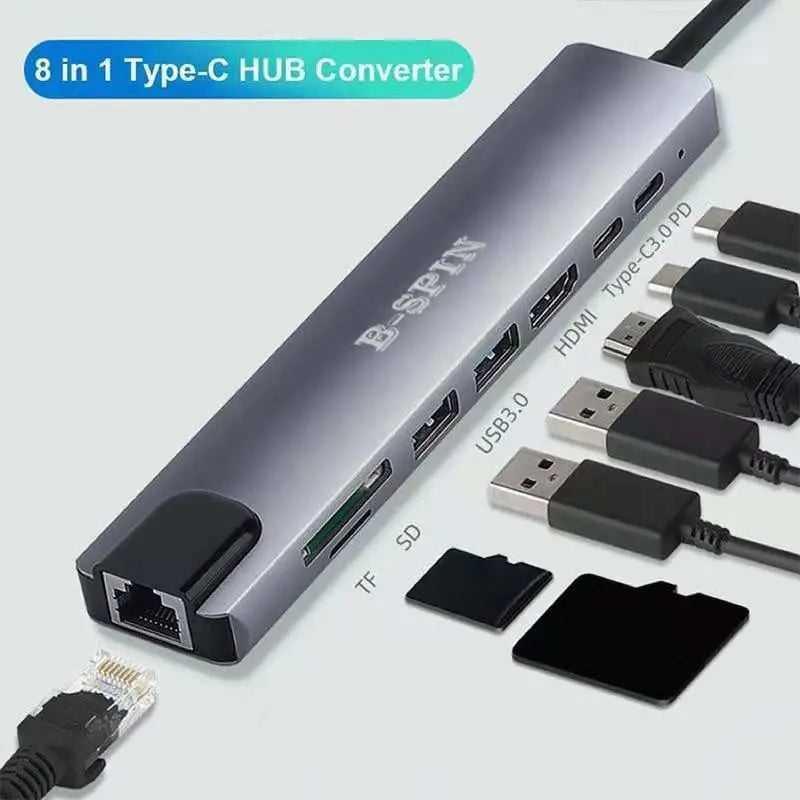 8 in 1 USB-C HUB Type-C USB 4K HDMI RJ45 Ethernet Micro SD TF OTG