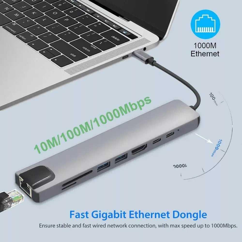 8 in 1 USB-C HUB Type-C USB 4K HDMI RJ45 Ethernet Micro SD TF OTG