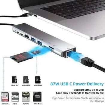 8 in 1 USB-C HUB Type-C USB 4K HDMI RJ45 Ethernet Micro SD TF OTG