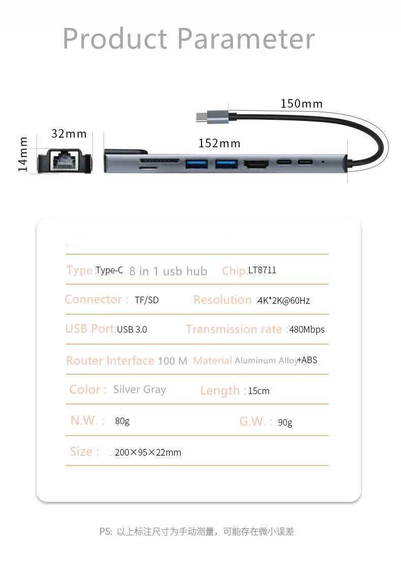 8 in 1 USB-C HUB Type-C USB 4K HDMI RJ45 Ethernet Micro SD TF OTG