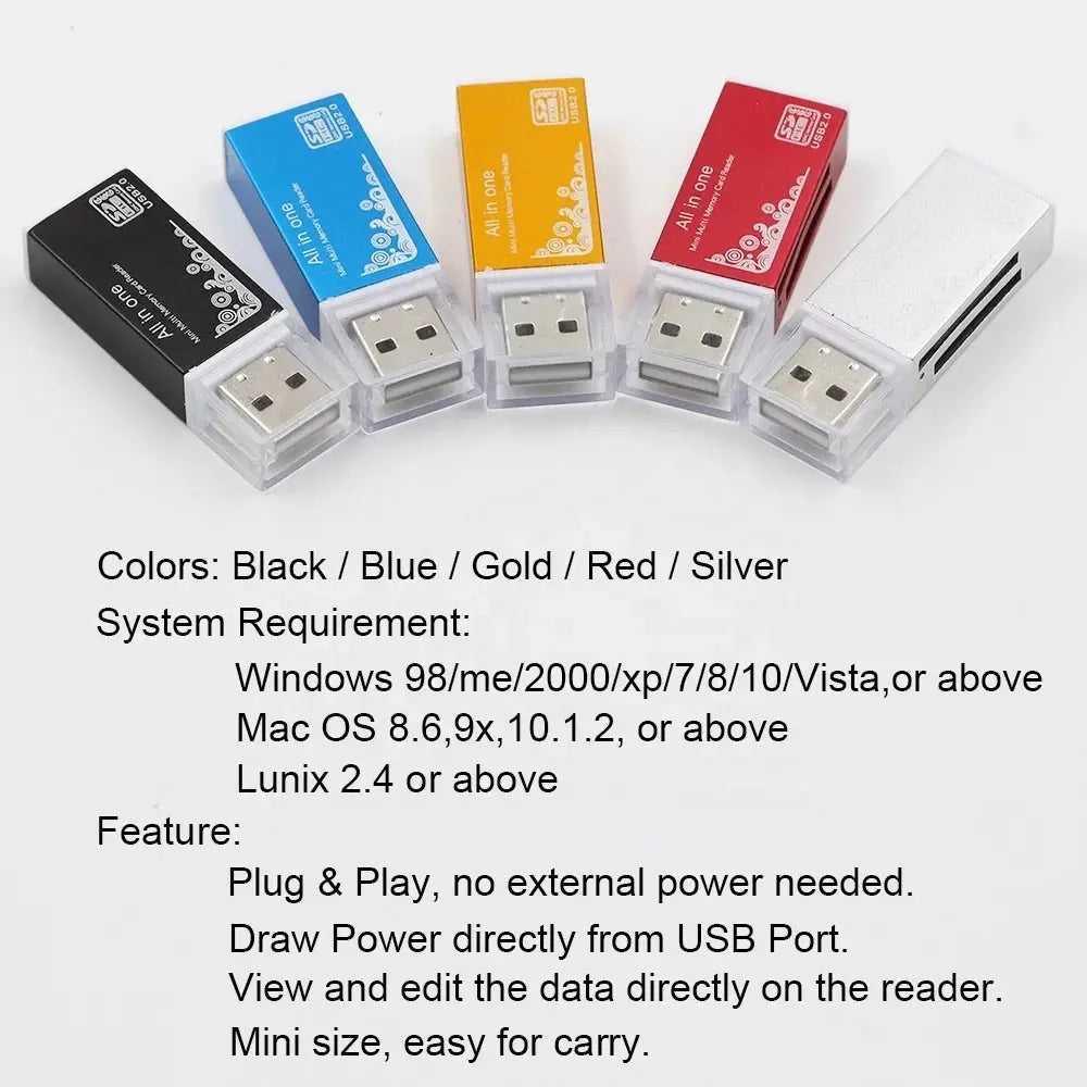 All in One Aluminium Multi Card Reader SDHC SDXC Micro SD Memory Stick 2.0 Flash