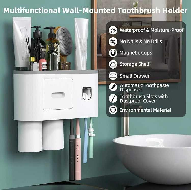 Magnetic 2 Cups Bathroom Toothbrush Holder Storage Rack Toothpaste Dispenser B-SPIN