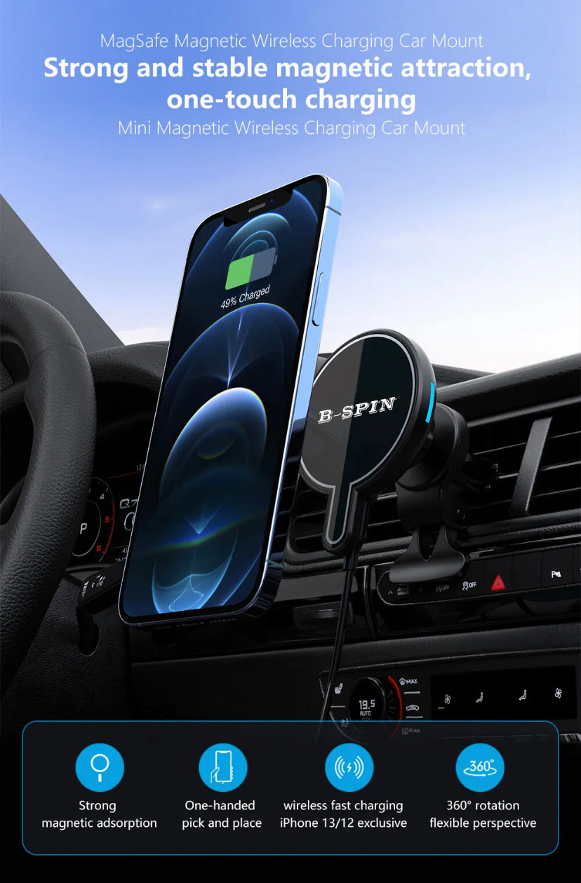 Car Charger Mount 15W MagSafe Fast Wireless Charging for Apple iPhone B-SPIN PTY LTD