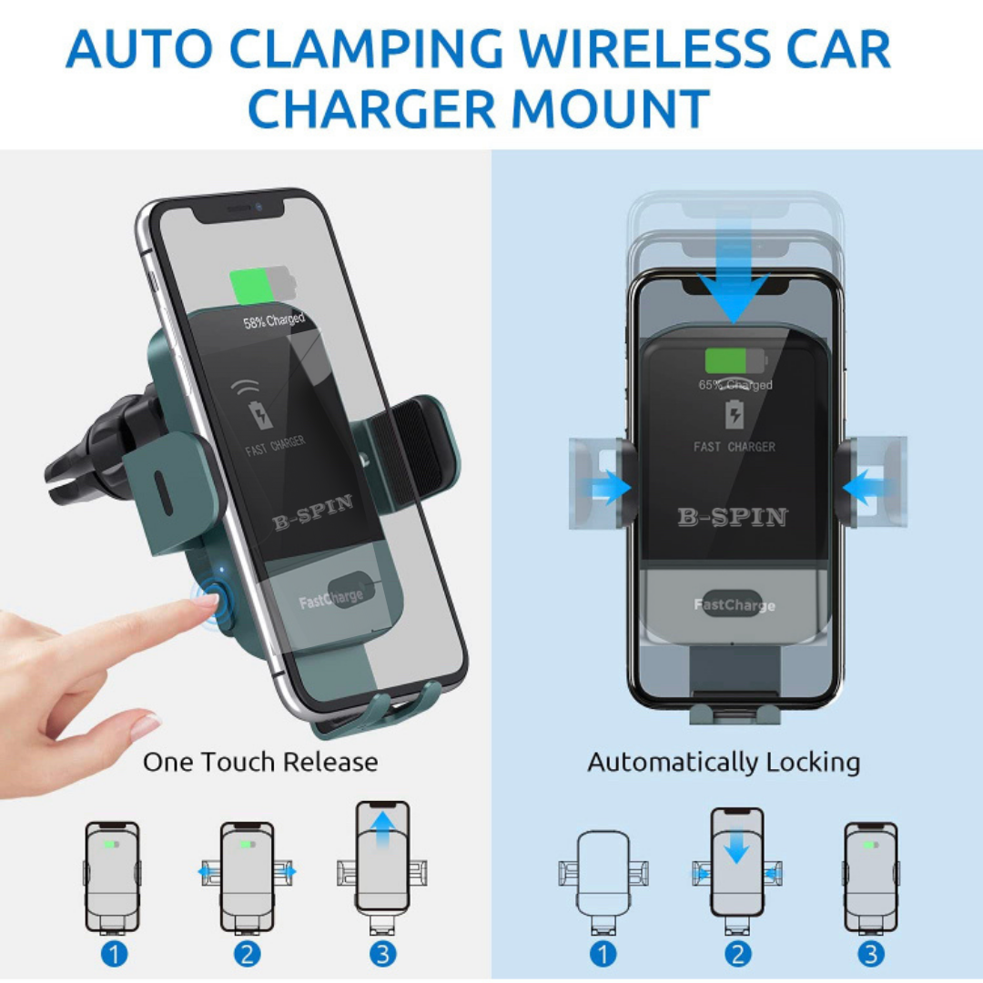 Qi Fast Wireless Charger Car Mount iPhone Holder Automatic B-SPIN PTY LTD