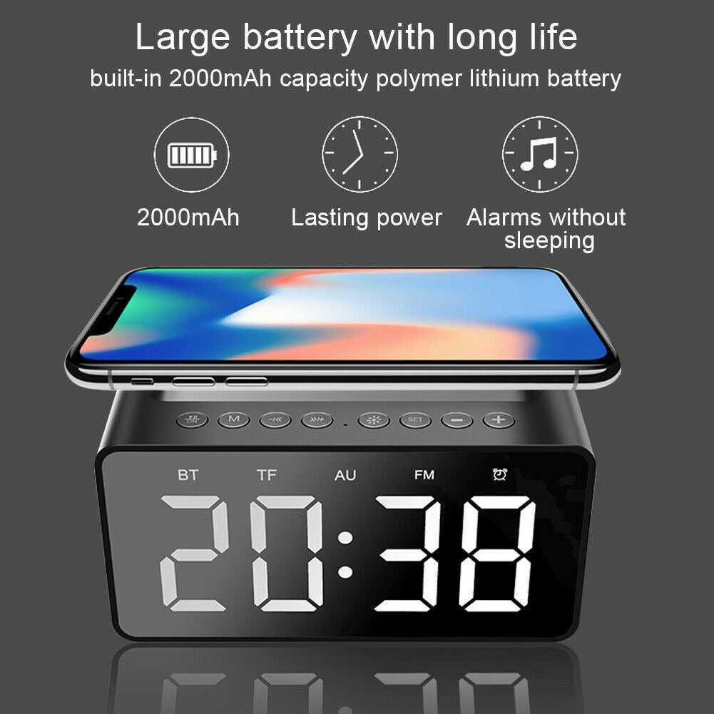 Wireless Charging Station LED Digital Alarm Clock FM Bluetooth Speaker All in 1