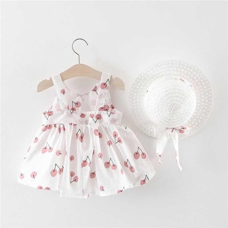 Baby Girl Dress With Hat & Bow Princess Summer Party 2pcs Cloth Sets Kids Floral