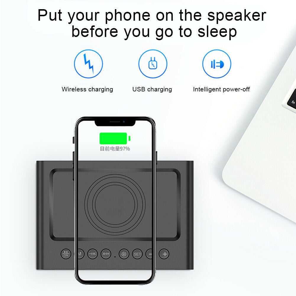 Wireless Charging Station LED Digital Alarm Clock FM Bluetooth Speaker All in 1