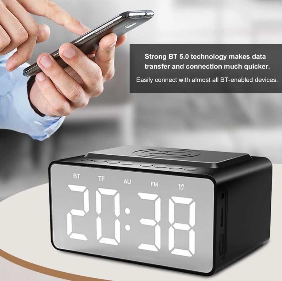 Wireless Charging Station LED Digital Alarm Clock FM Bluetooth Speaker All in 1