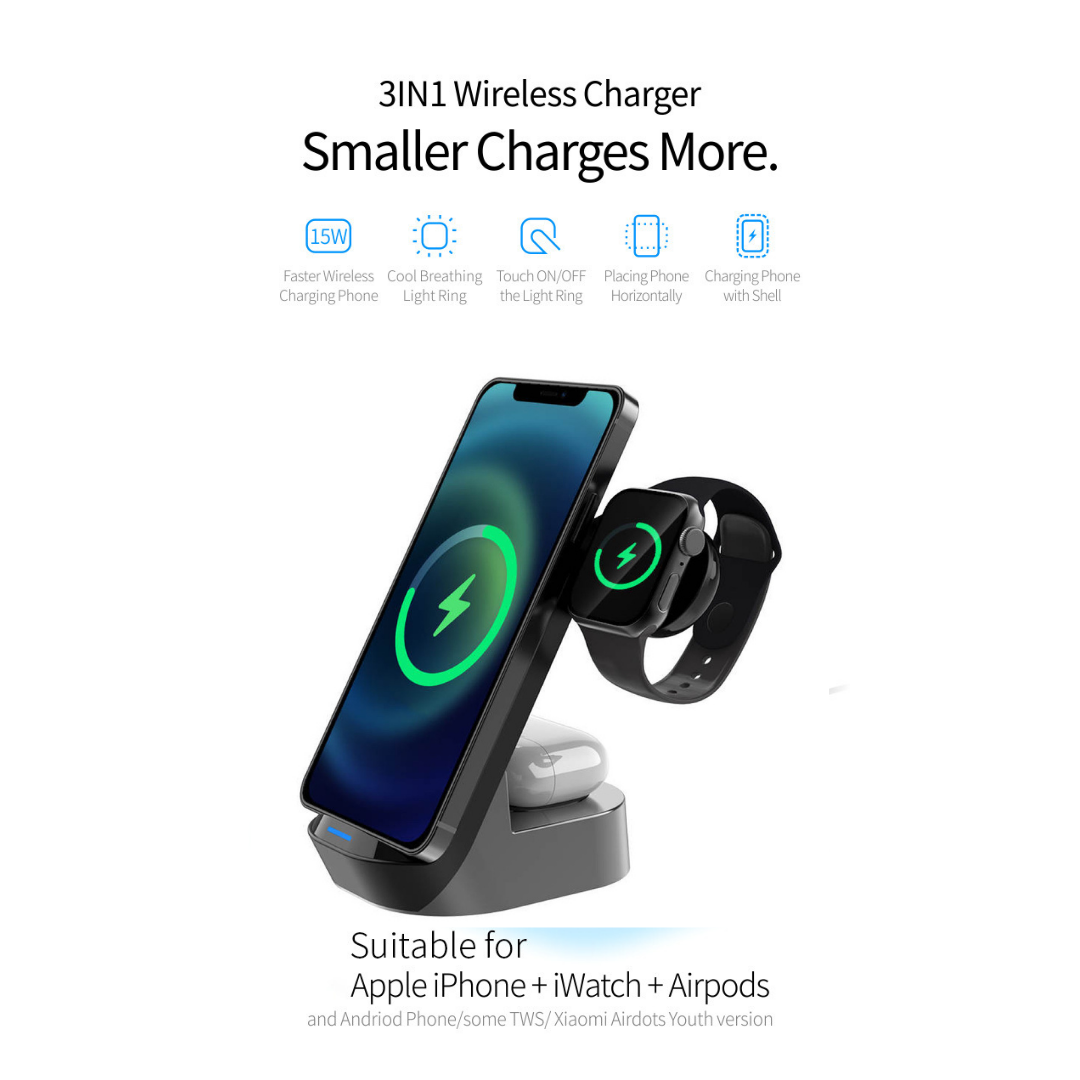 Wireless Charging Stand 15W 3 in 1 Wireless Charger Dock Station B-SPIN PTY LTD