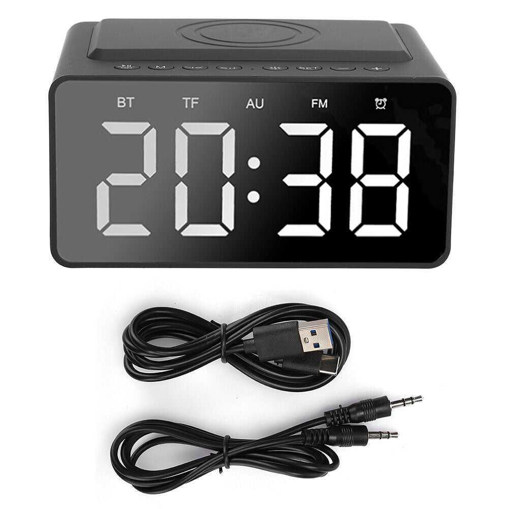 Wireless Charging Station LED Digital Alarm Clock FM Bluetooth Speaker All in 1