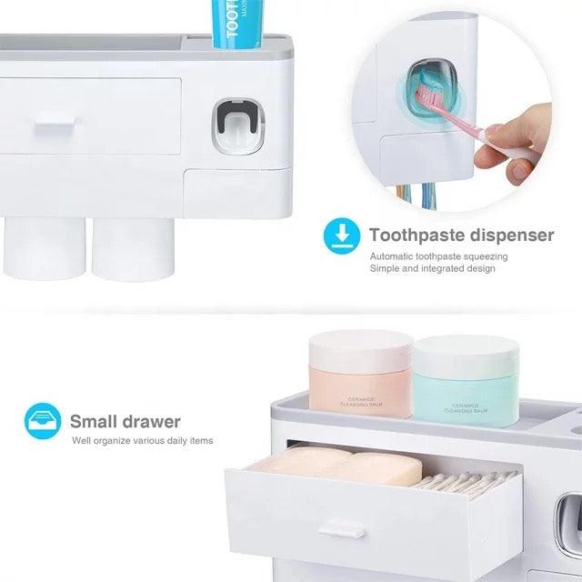Magnetic 2 Cups Bathroom Toothbrush Holder Storage Rack Toothpaste Dispenser B-SPIN