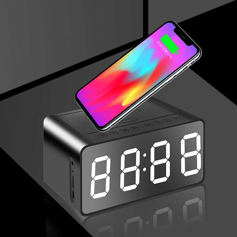 Wireless Charging Station LED Digital Alarm Clock FM Bluetooth Speaker All in 1