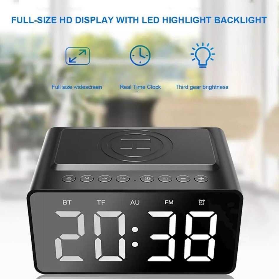 Wireless Charging Station LED Digital Alarm Clock FM Bluetooth Speaker All in 1
