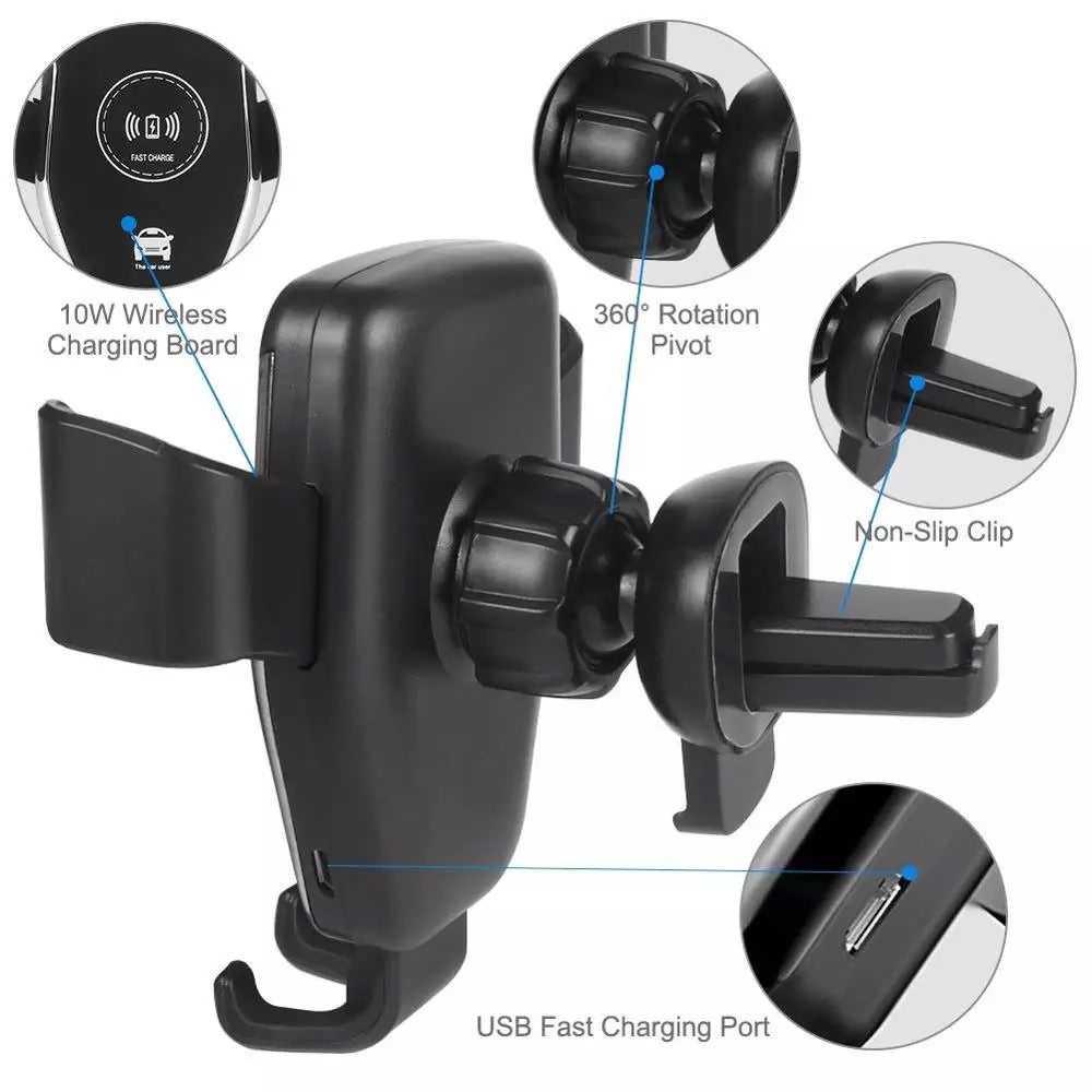 Fast Charger With Qi Wireless Car Holder Gravity Mount Universal Compatibility