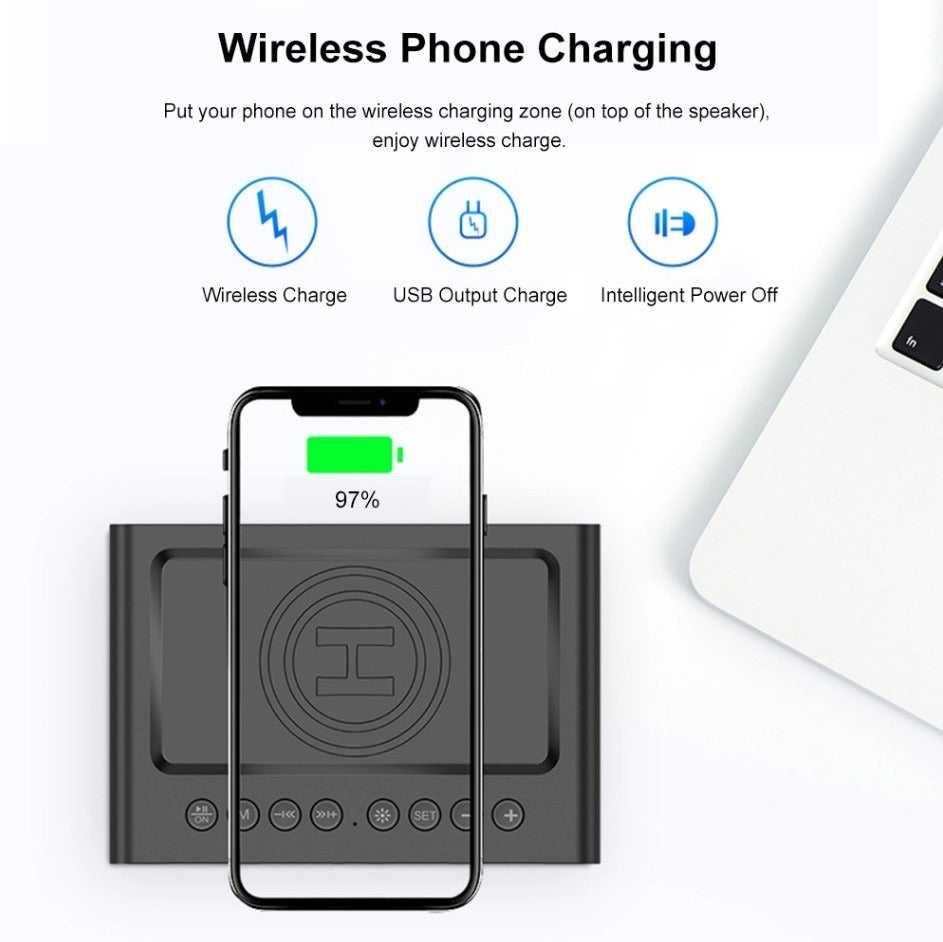 Wireless Charging Station LED Digital Alarm Clock FM Bluetooth Speaker All in 1