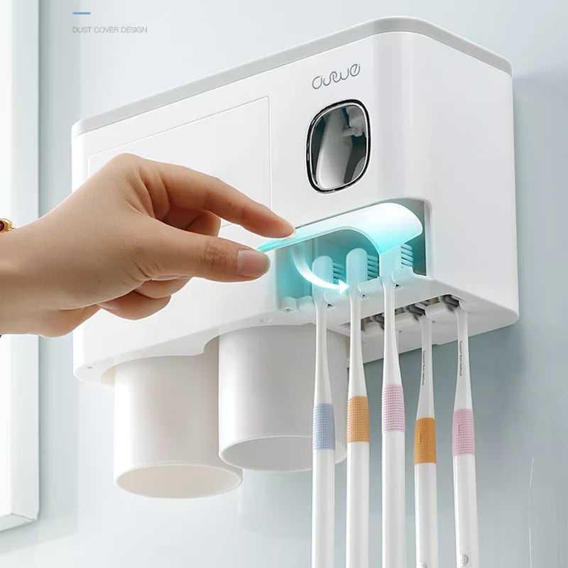 Magnetic 2 Cups Bathroom Toothbrush Holder Storage Rack Toothpaste Dispenser B-SPIN