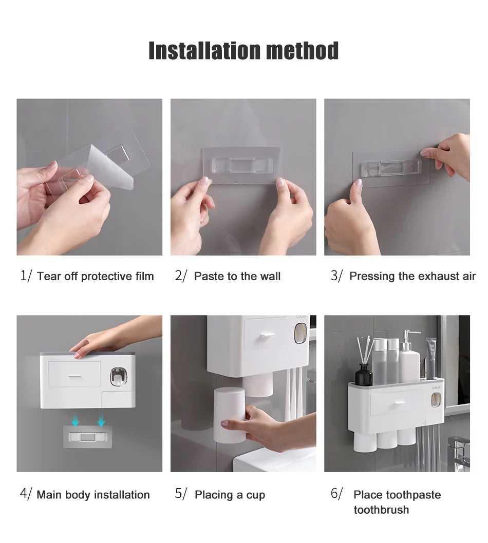 Magnetic 2 Cups Bathroom Toothbrush Holder Storage Rack Toothpaste Dispenser B-SPIN