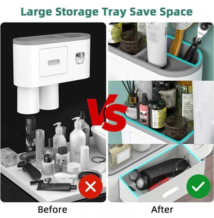 Magnetic 2 Cups Bathroom Toothbrush Holder Storage Rack Toothpaste Dispenser B-SPIN