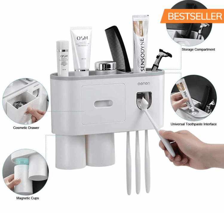 Magnetic 2 Cups Bathroom Toothbrush Holder Storage Rack Toothpaste Dispenser B-SPIN