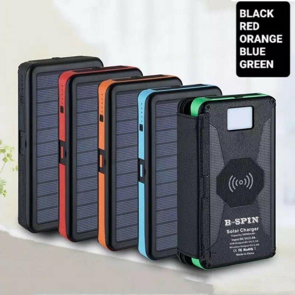 Solar Power Bank Waterproof wireless 30000mAh QI fastest charger 2 USB port with 3 and 5  pannels B-SPIN PTY LTD