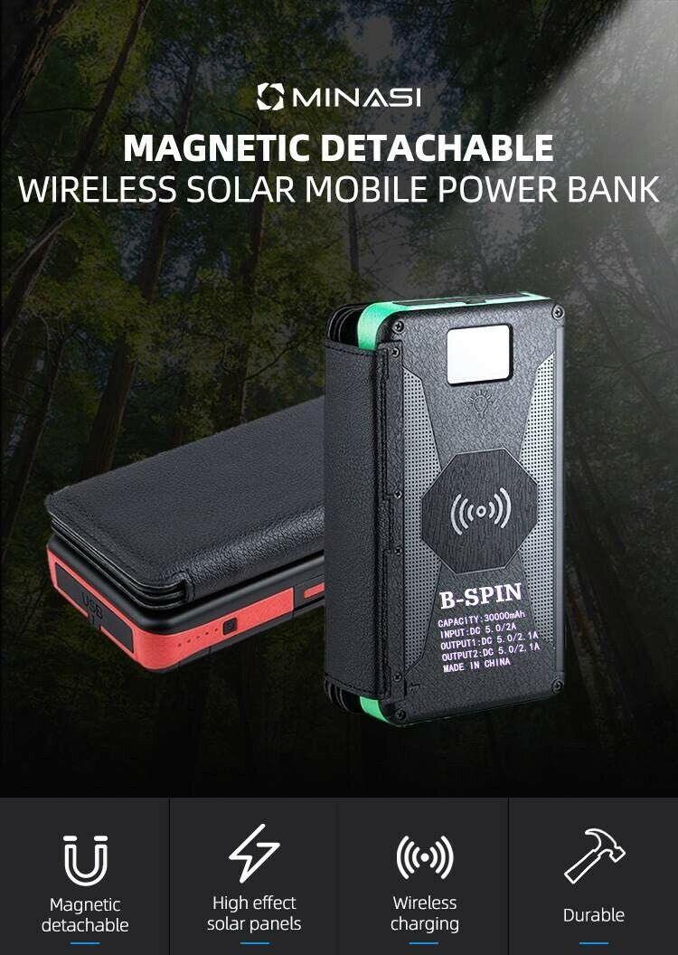 Solar Power Bank Waterproof wireless 30000mAh QI fastest charger 2 USB port with 3 and 5  pannels B-SPIN PTY LTD