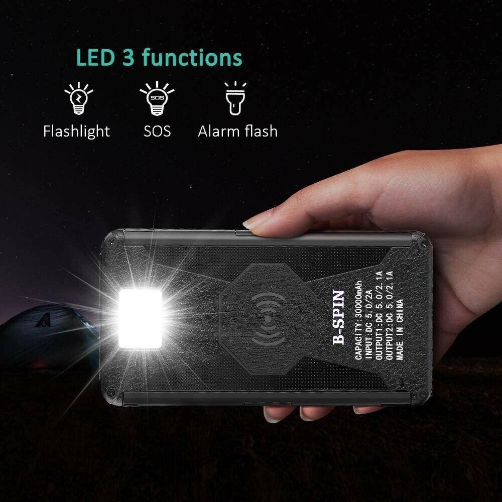 Solar Power Bank Waterproof wireless 30000mAh QI fastest charger 2 USB port with 3 and 5  pannels B-SPIN PTY LTD